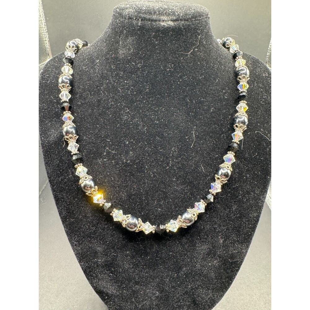 Vintage 925 Sterling Silver Glass Clear & Black Crystal Pearl Beads Necklace